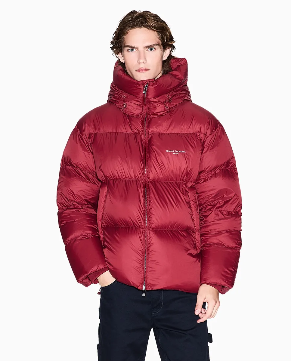 

Мужской пуховик с капюшоном, утепленный настоящим пухом Armani Exchange, бордовый