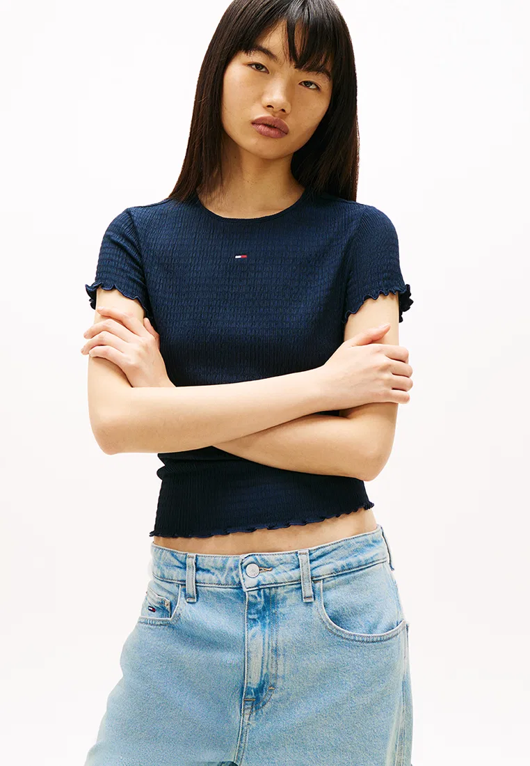 Топ, приталенный, с эффектом сейрсакер, Tommy Jeans Tommy Hilfiger, темно-синий