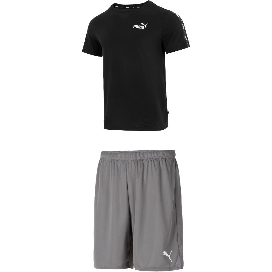 

Повседневный спортивный мужской комплект: черный топ + серые шорты Puma, черный