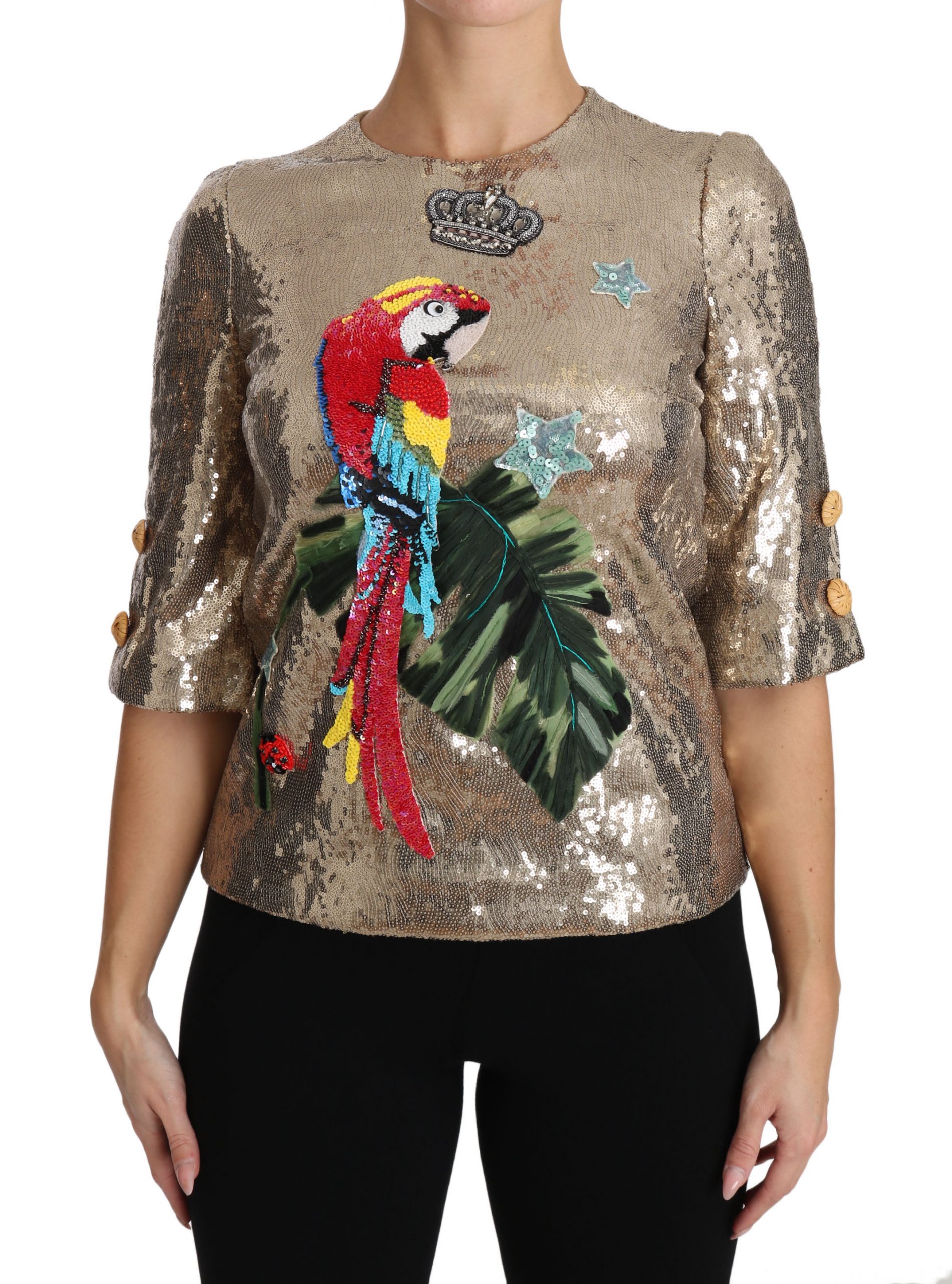 

Блузка с круглым вырезом и золотым мотивом попугая, со стразами Dolce & Gabbana, золотой