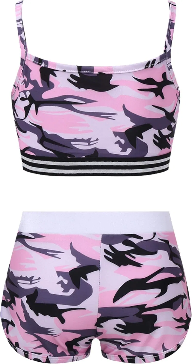 Детский активный костюм с пайетками Mufeng, топ и шорты, Camo Pink — фото 2