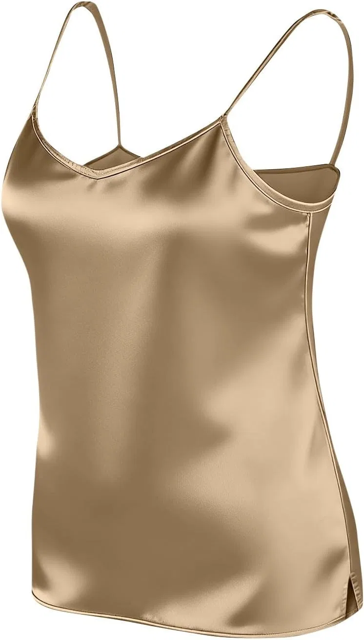 Женский топ-танк из сатина, на тонких бретелях, Gold — фото 3