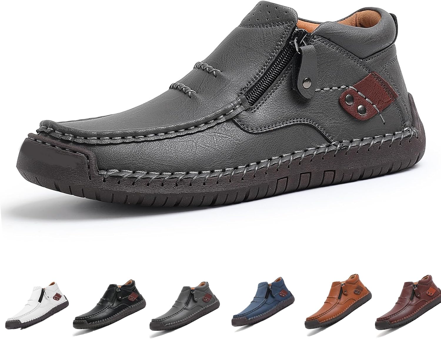 

Мужские ортопедические кожаные слипоны ручной работы, водонепроницаемые ботинки с широкой носочной частью, боковой молнией, противоскользящей плоской подошвой, легкие прогулочные лоферы Generic, серый