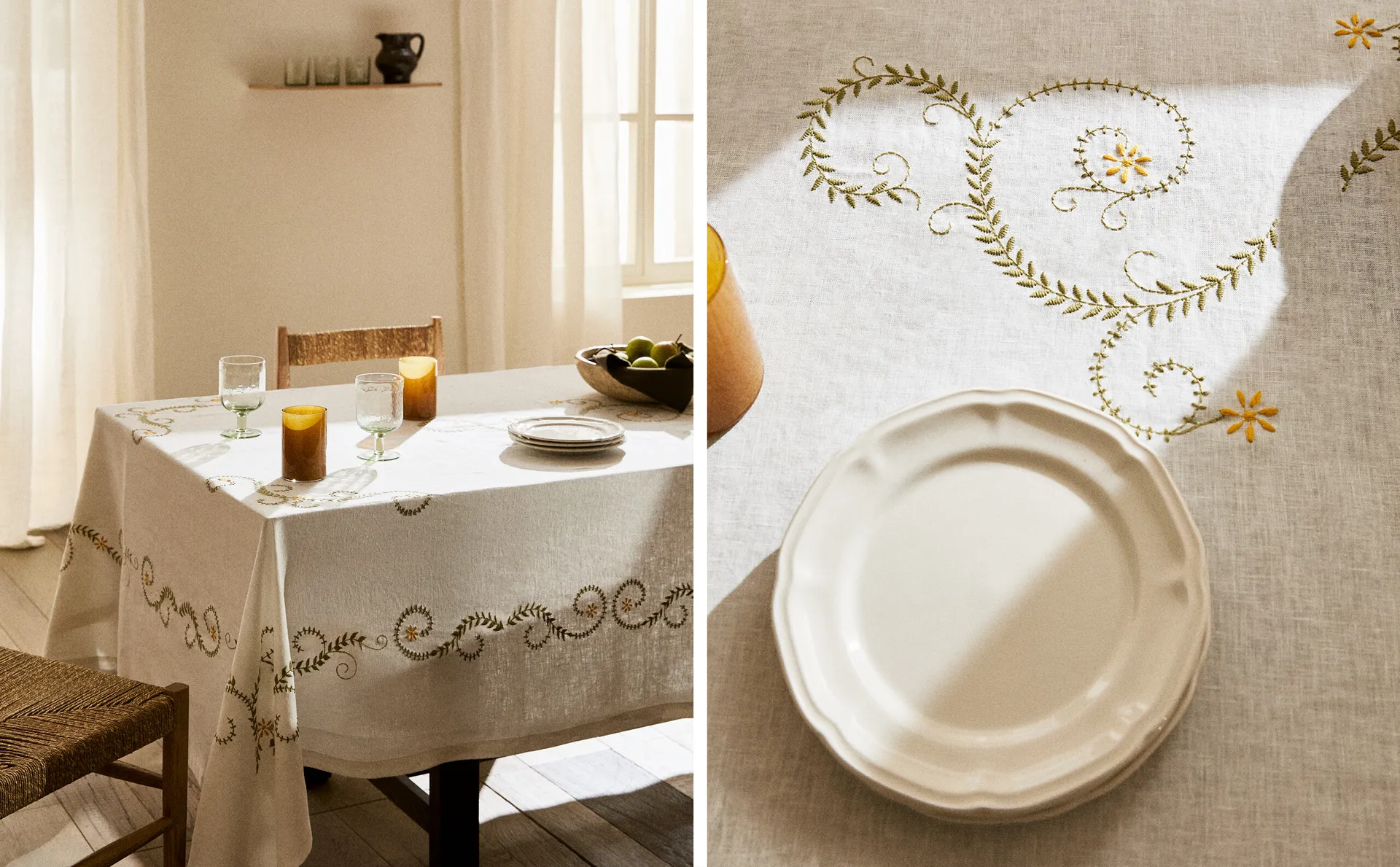 

Льняная скатерть с растительной вышивкой Zara Home, зеленый