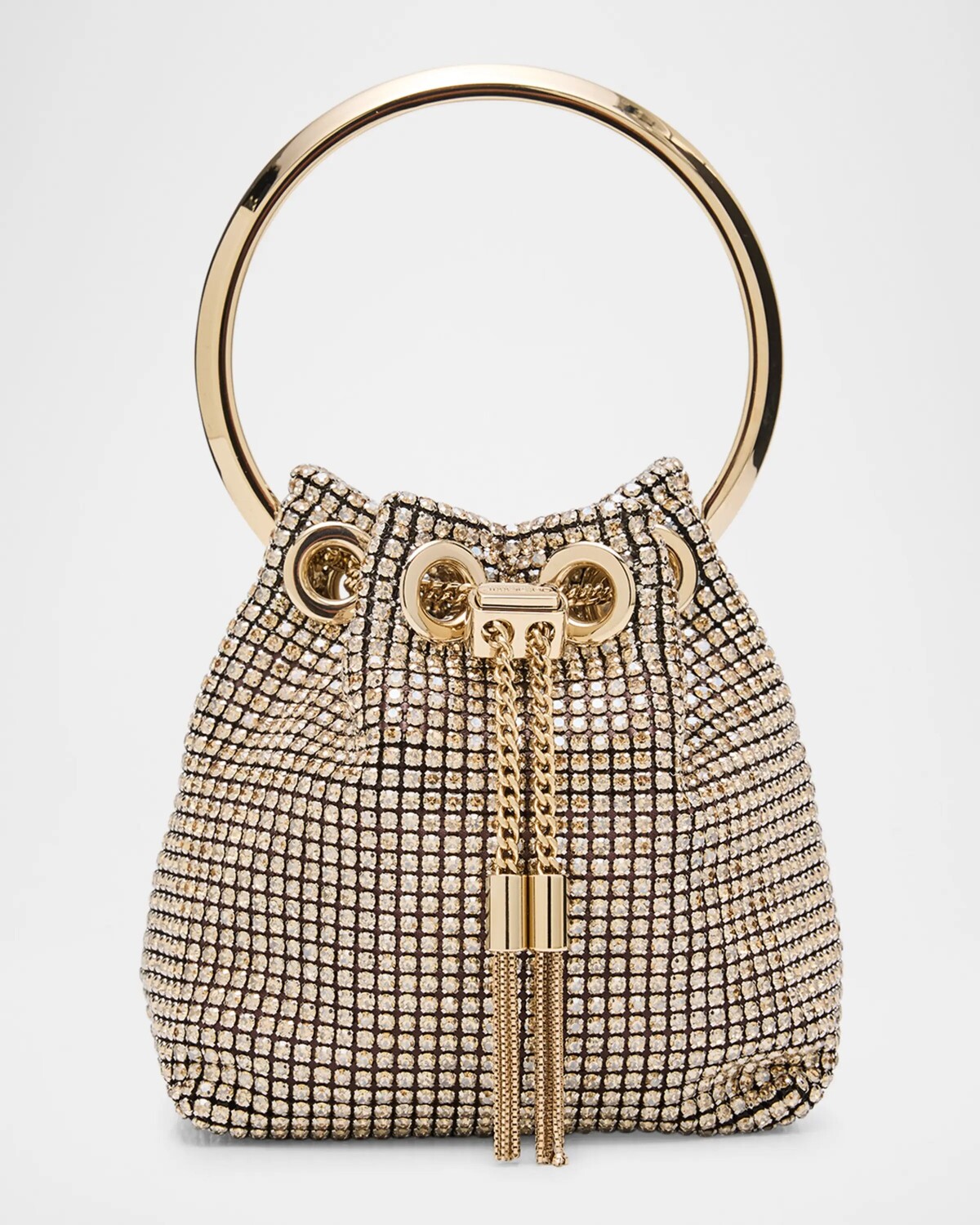 

Сумка-ведро Bon Bon из микросетки с кристаллами Jimmy Choo, цвет Champlght Gold