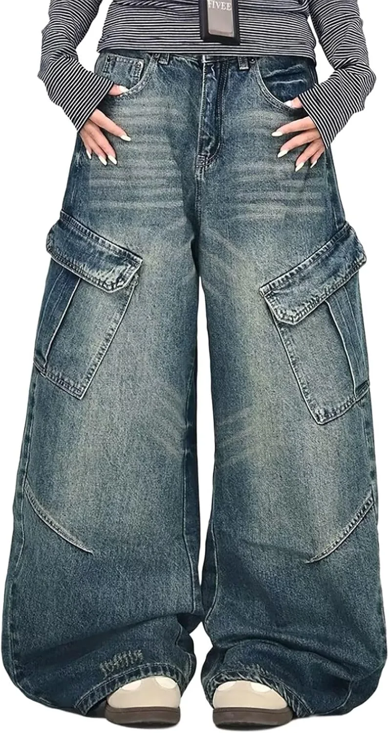 

Высокие винтажные карго джинсы oversize с широкими штанинами для женщин FEUSEUZ