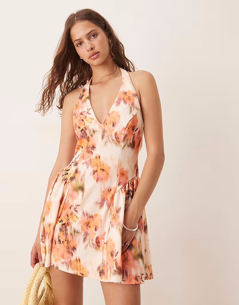 

Мини-платье ASOS DESIGN с халтер-воротником, отделкой корсетом и годе с винтажным цветочным принтом