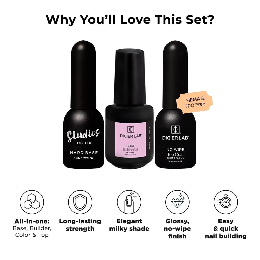 Набор гель-лаков DIDIER LAB Premium с базой, гелем-строителем и топом Didier Lab, Hard Base + Bbio Milky Pink + Tc Super Shiny — фото 3