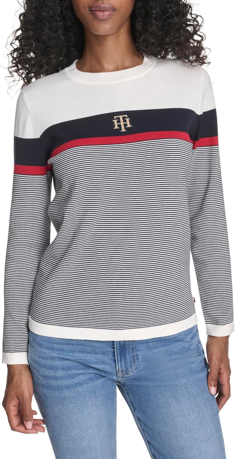 

Женский хлопковый свитер Tommy Hilfiger с длинными рукавами и круглым вырезом, Ivory Multi Crewneck