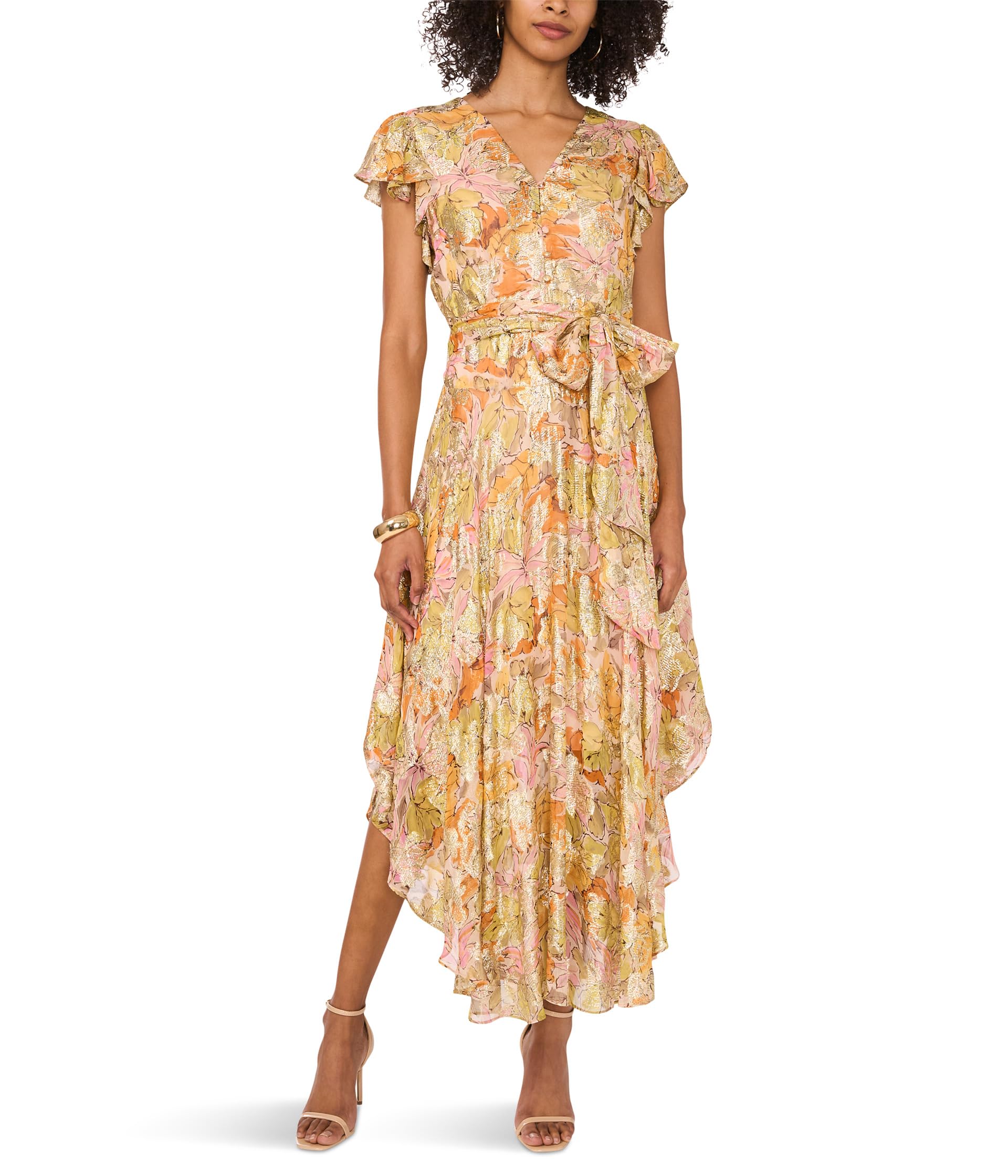 

Платье Vince Camuto V Neck Button Down Maxi Dress With Flutter Sleeve, Crushed Orange