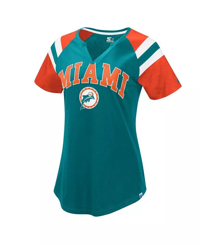 

Женская футболка с вырезом реглан, цвет морской волны, оранжевый Miami Dolphins Game On Notch Starter