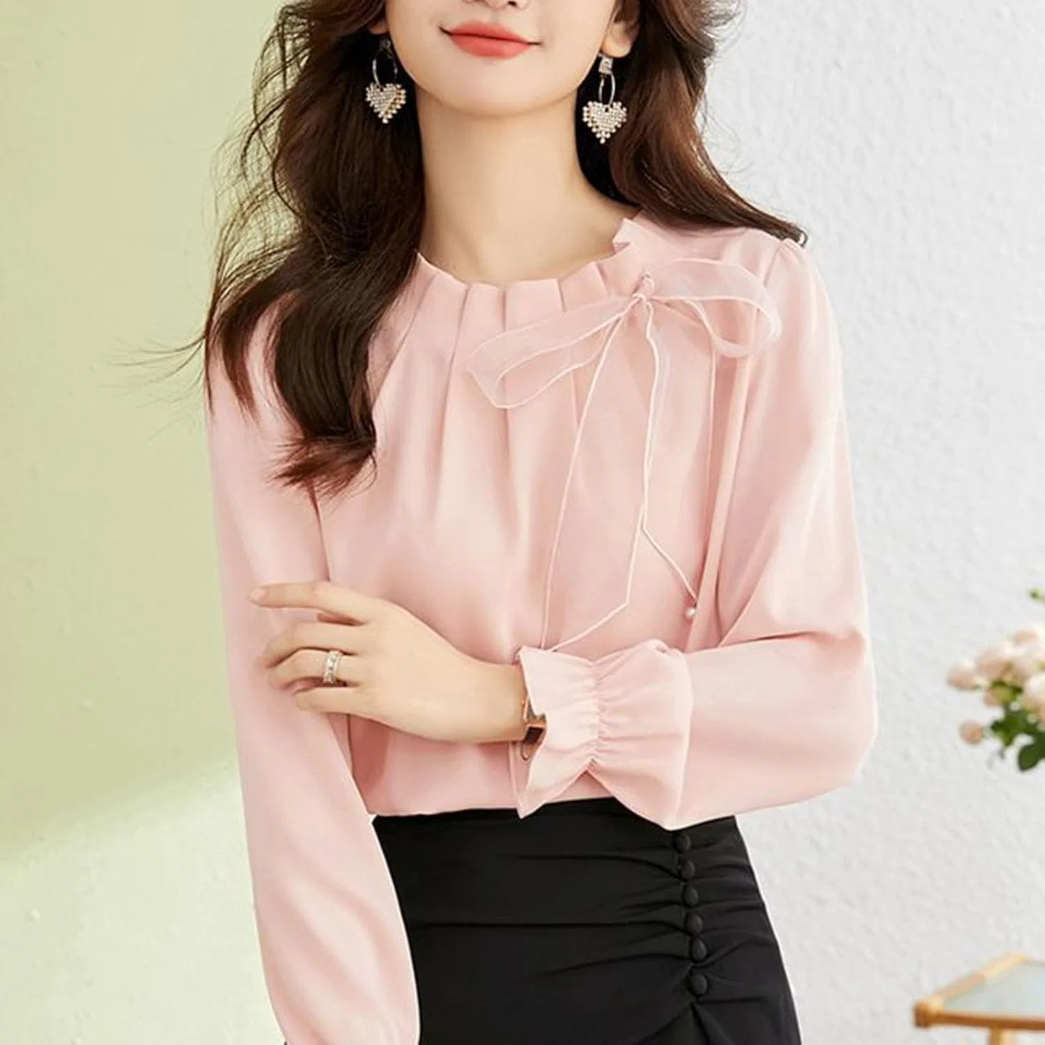 Блузка, прозрачная, с кружевом, длинным рукавом, женская, из коллекции Casual, розовая — фото 4