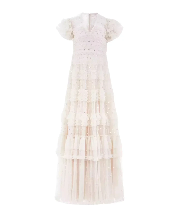 

Кремовое платье с рюшами Vivian Needle & Thread, белый