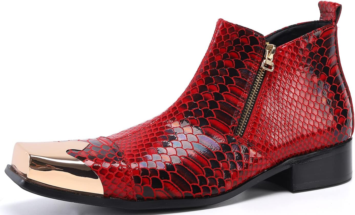 

Мужские повседневные западные ботинки Chelsea Santimon - настоящая кожа, ковбойские ботинки до щиколотки с металлическим квадратным носком и двойной молнией для бальных танцев, вечеринок и диско, темно-красный