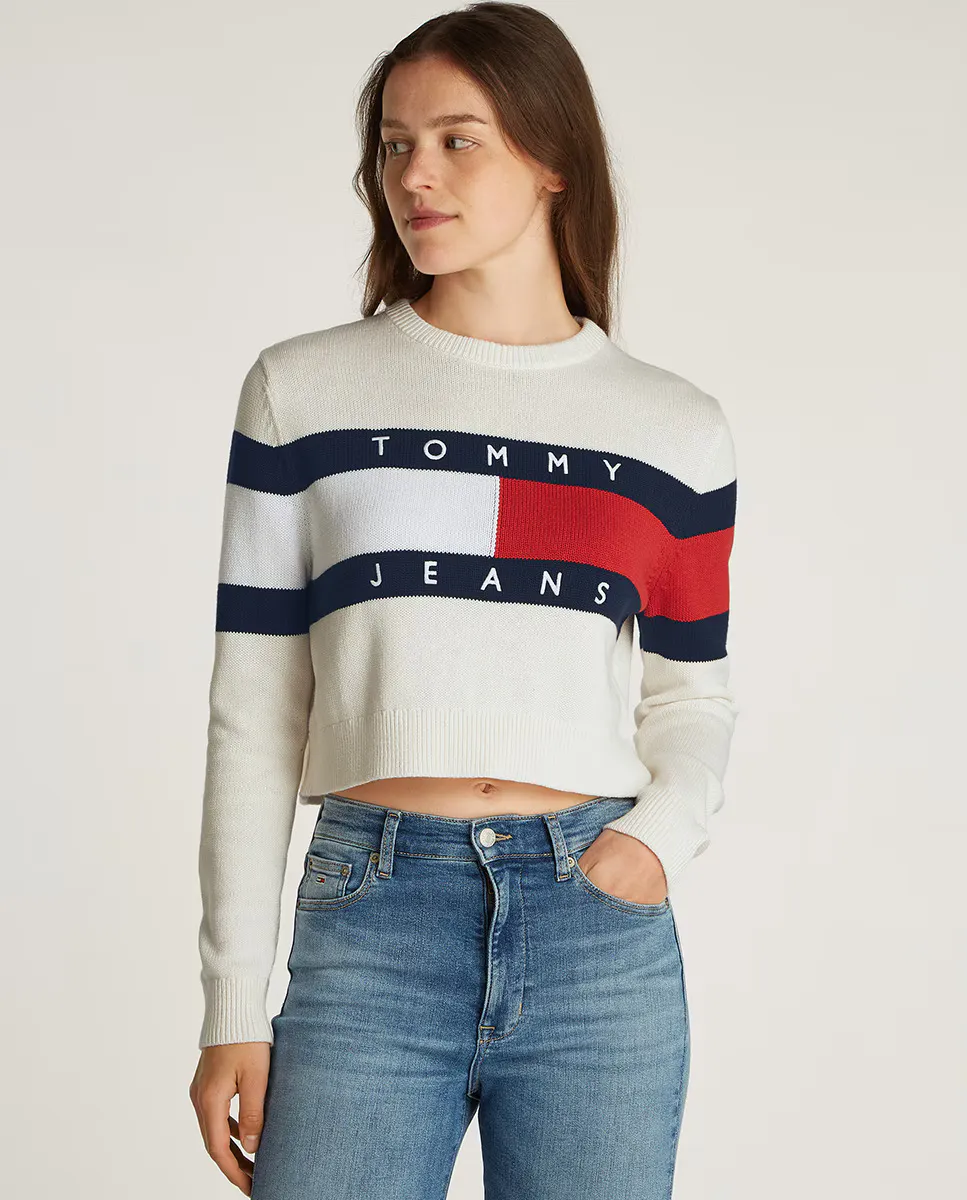 

Женский свитер с круглым вырезом и логотипом-флажком Tommy Jeans, белый