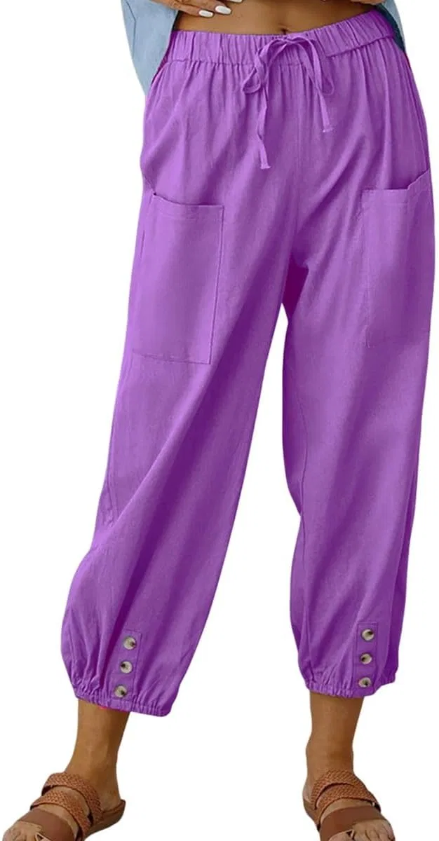 Брюки капри на эластичном поясе, Cotton Linen, Purple