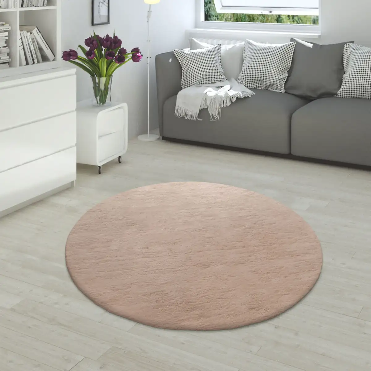 

Меховой ковер Paco Home "Rabbit 780", круглый, искусственный мех, ощущение кроличьего меха, настоящий приятный ковер, однотонные цвета Ø 200 см, бежевый