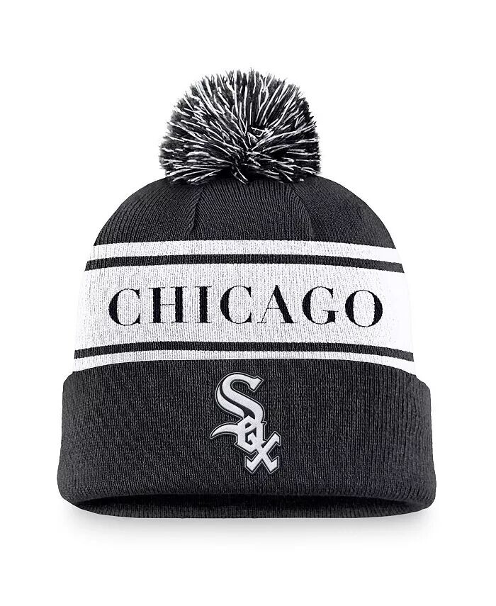 

Мужская черная вязаная шапка с манжетами и помпоном в полоску Chicago White Sox Team Nike, черный