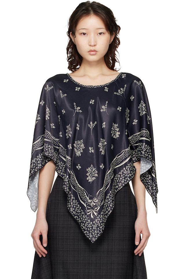 

Блузка-Пончо с атласным принтом и ленточкой в виде платка Anna Sui, черный