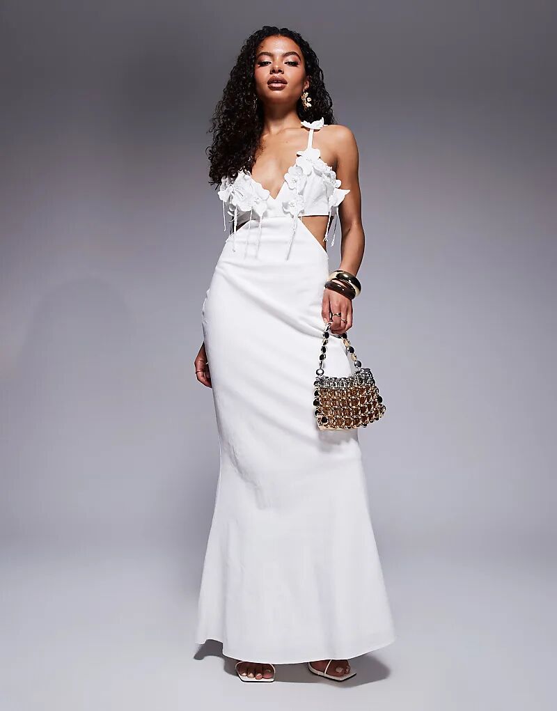 

Платье макси ASOS DESIGN Petite, связанное крючком, с декоративным вырезом на груди, из льна цвета слоновой кости