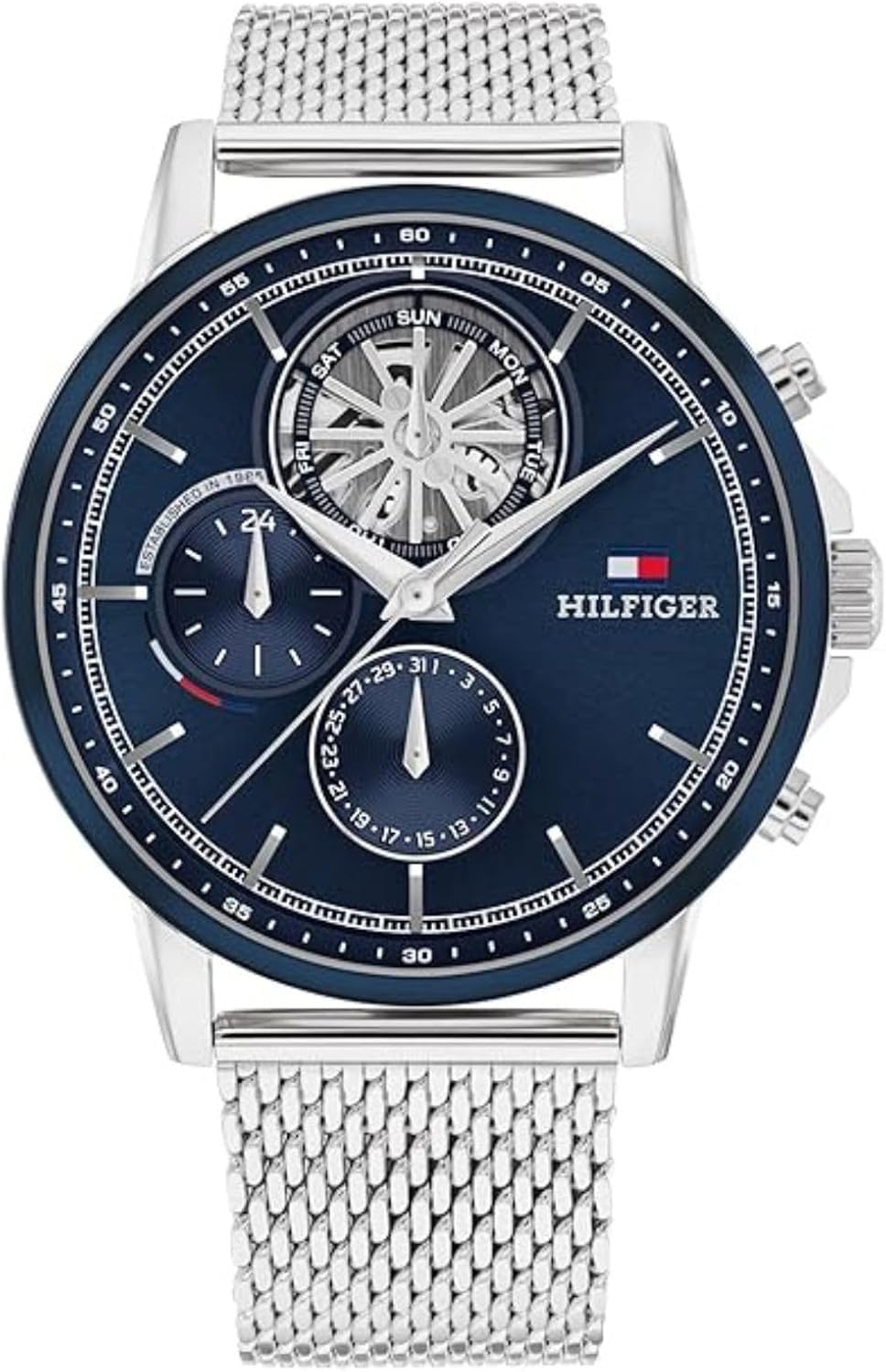 

Мужские многофункциональные кварцевые часы Tommy Hilfiger - корпус из нержавеющей стали 44 мм, двухслойный циферблат, звеньевой браслет, дизайн в стиле скелетона - подарок для него, Navy, Прозрачный, Мужские многофункциональные кварцевые часы Tommy Hilfig