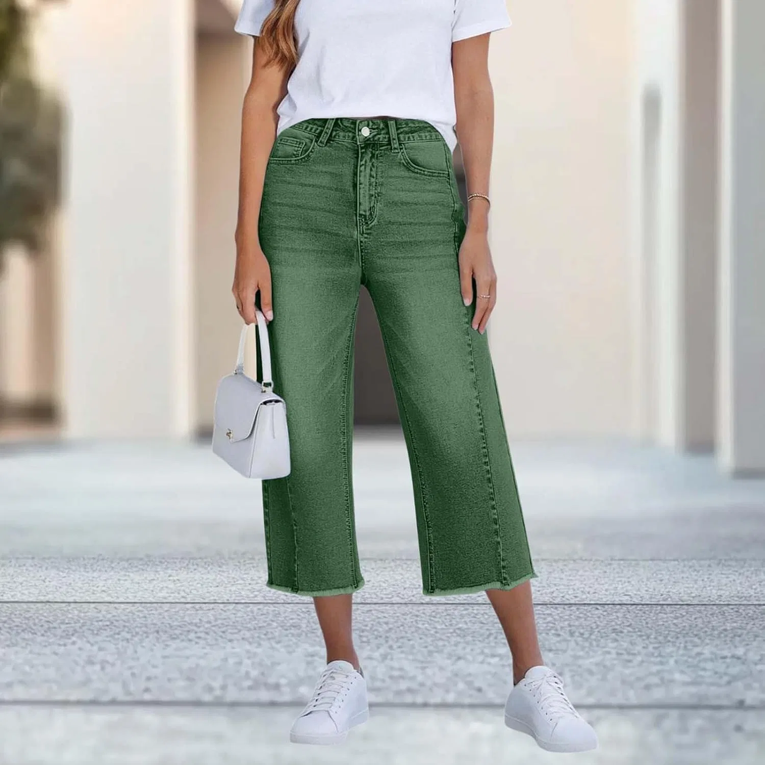 Джинсы с необработанным краем, High Waisted, Capri Jeans, зеленый — фото 2