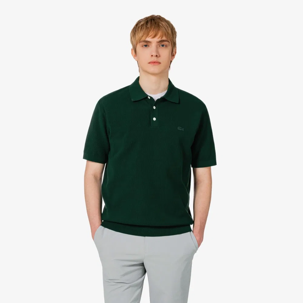 Мужской свитер-поло пике с коротким рукавом тёмно-зелёный от Lacoste — фото 4
