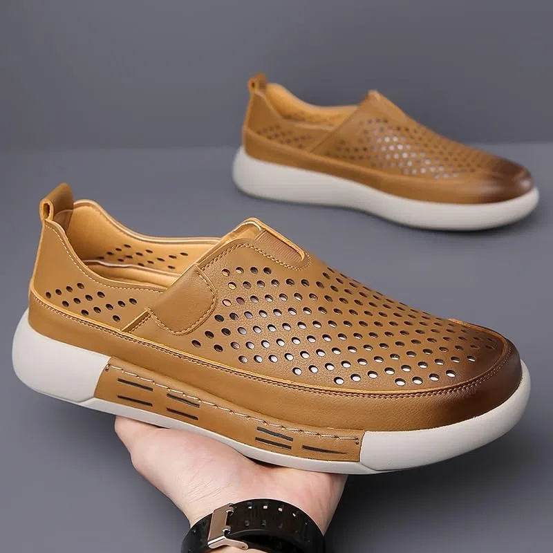Лоферы мужские кожаные, Hands Free, 1-Second Slip On, Arch Support, Orthopedic, Comfortable Walking Shoes, желтый UOPYNE — фото 3
