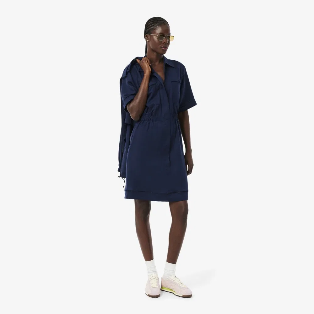 Платье-поло Lacoste Тёмно-синее из лиоцелла и льна с молнией — фото 4