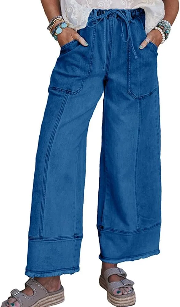 

Chouyatou Женские джинсы Boyfriend Wide Leg с кулиской, высокая талия