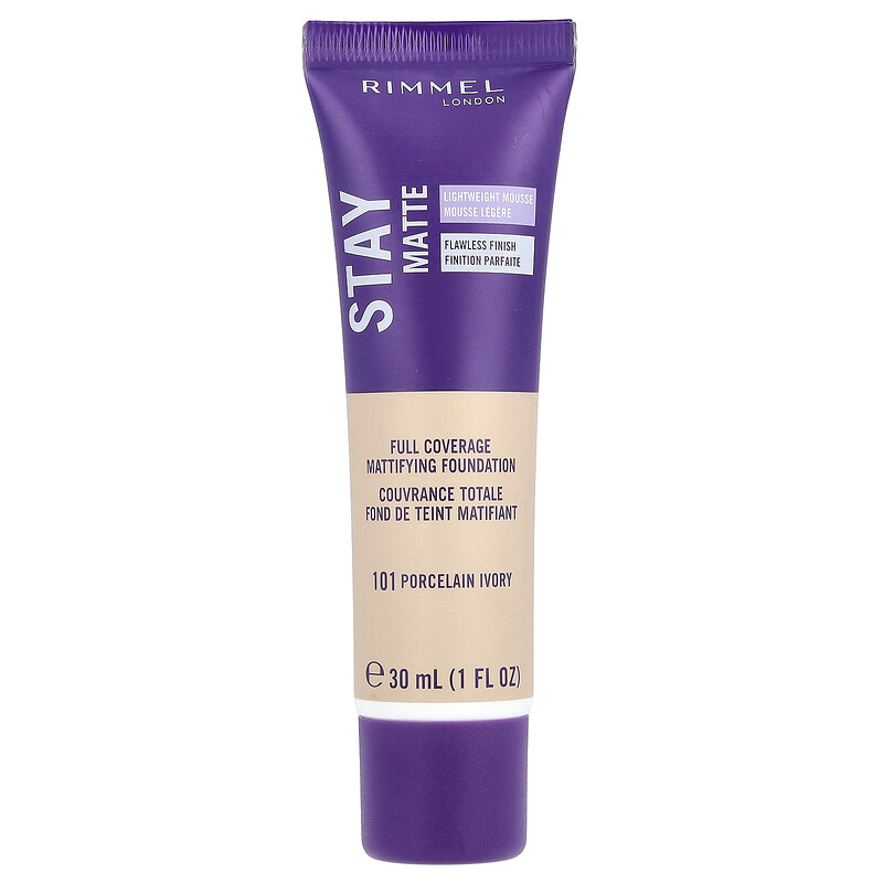 

Rimmel London, Stay Matte, Full Coverage Mattifying Foundation, 101 Porcelain Ivory, 1 fl oz (30 ml)
