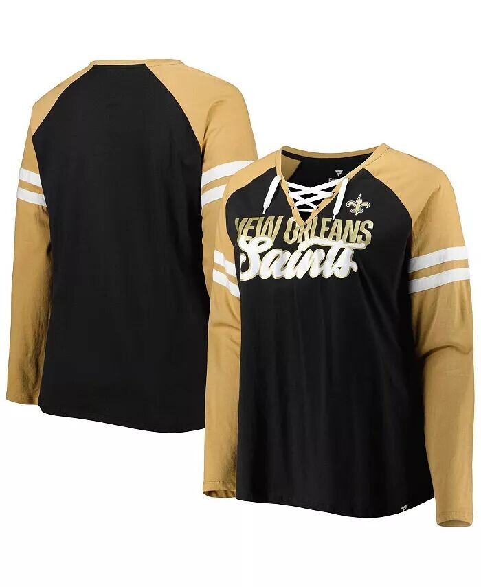 

Женская черная, золотистая футболка New Orleans Saints размера плюс со шнуровкой и v-образным вырезом реглан с длинными рукавами Fanatics