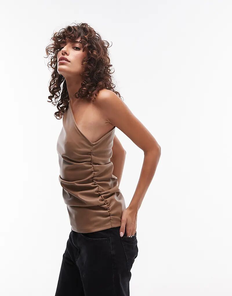 

Топ на одно плечо из искусственной кожи кофейного цвета Topshop