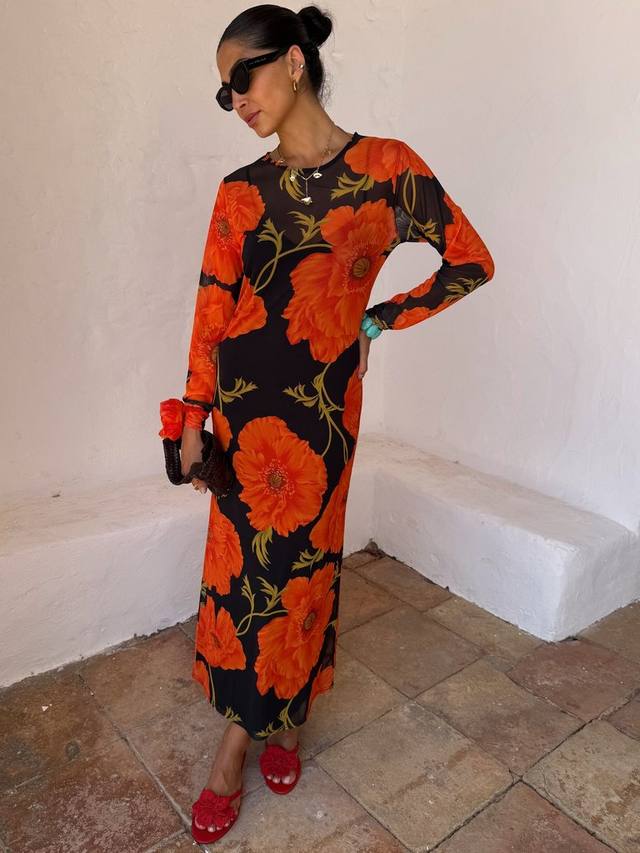 

Платье-невидимка с принтом мака Never Fully Dressed, Black/Multi