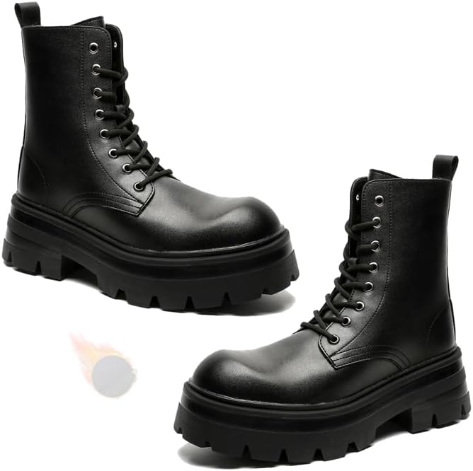 

Мужские черные кожаные ботинки на шнуровке с платформой, боевые ботинки, оксфорды с платформой, классические туфли с круглым носком на шнуровке - удобные, с нескользящей подошвой и массивным каблуком Generic