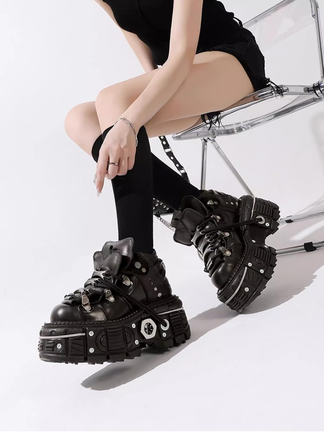 Ботинки из искусственной кожи PU в стиле Y2K Grunge Punk на платформе для мужчин, повседневная уличная обувь, разноцветные кроссовки с толстой подошвой и металлическим черепом Ctkvbmeoi — фото 3