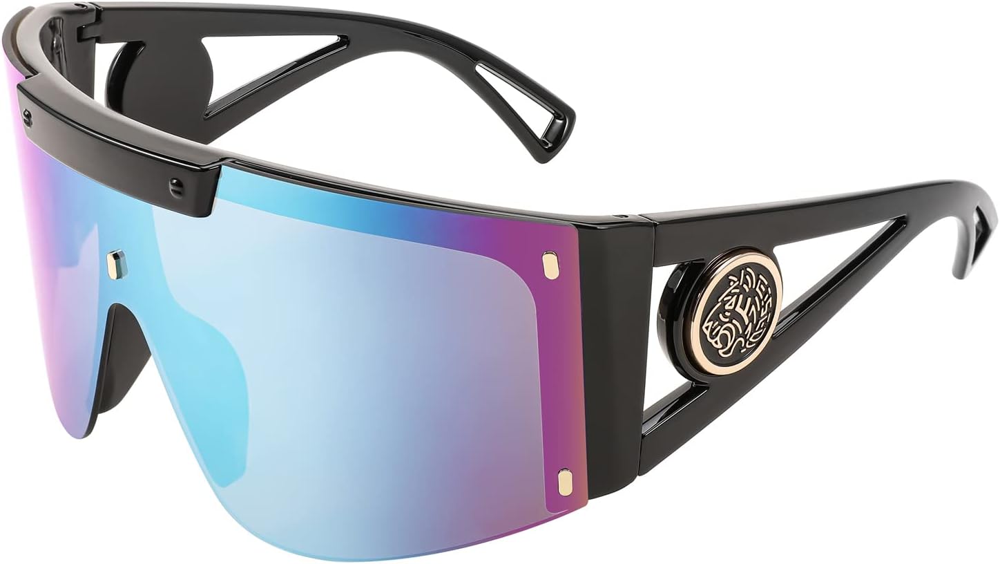 

Солнцезащитные очки FEISEDY One Piece Oversized для мужчин и женщин, большие солнцезащитные очки-щитки для езды на велосипеде, вождения, отдыха, модель B4027, Black Frame & Blue Mirrored Lens