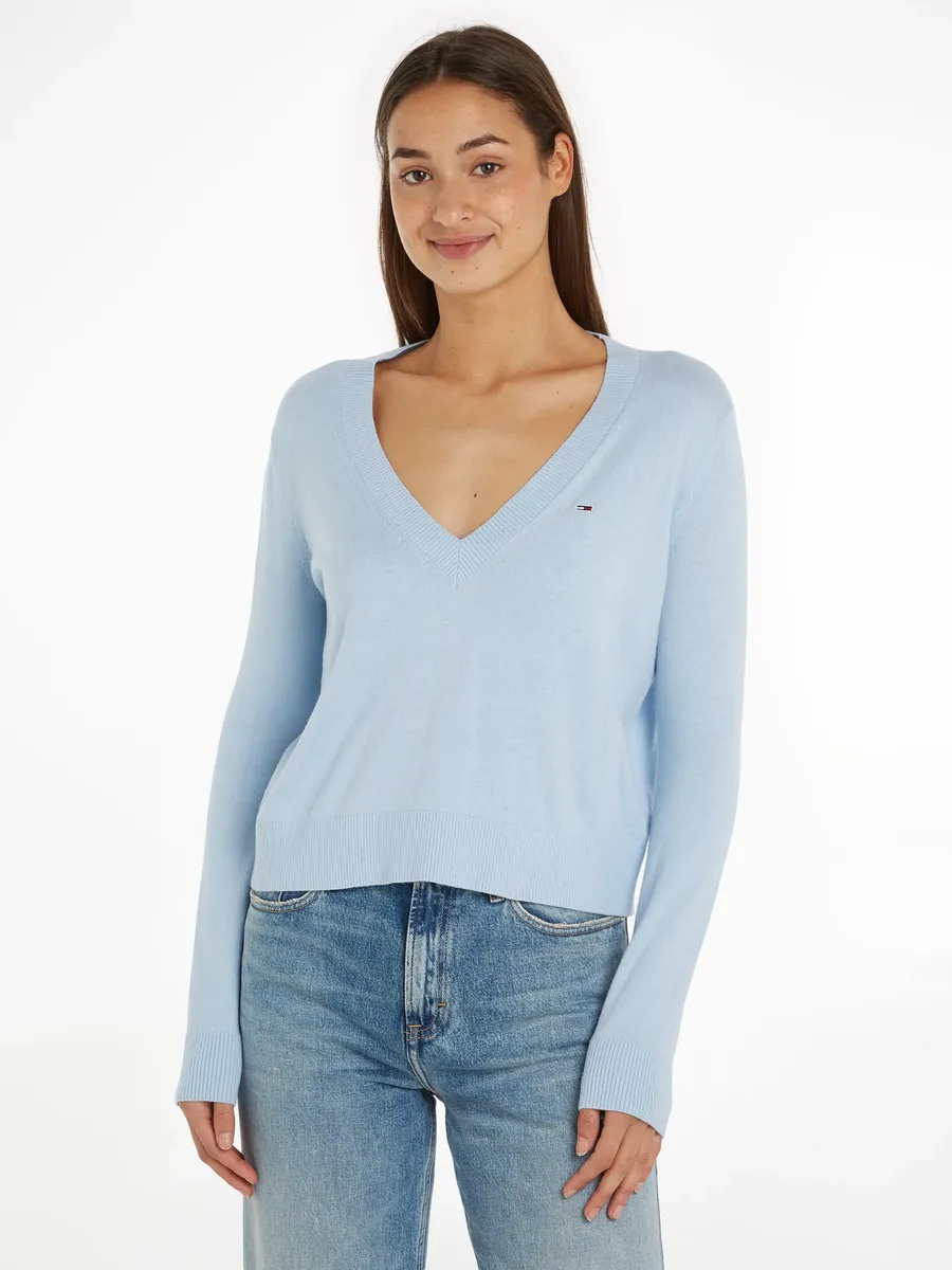 

Свитер Tommy Jeans с V-образным вырезом "TJW ESSENTIAL VNECK SWEATER EXT", с вышивкой логотипа, синий