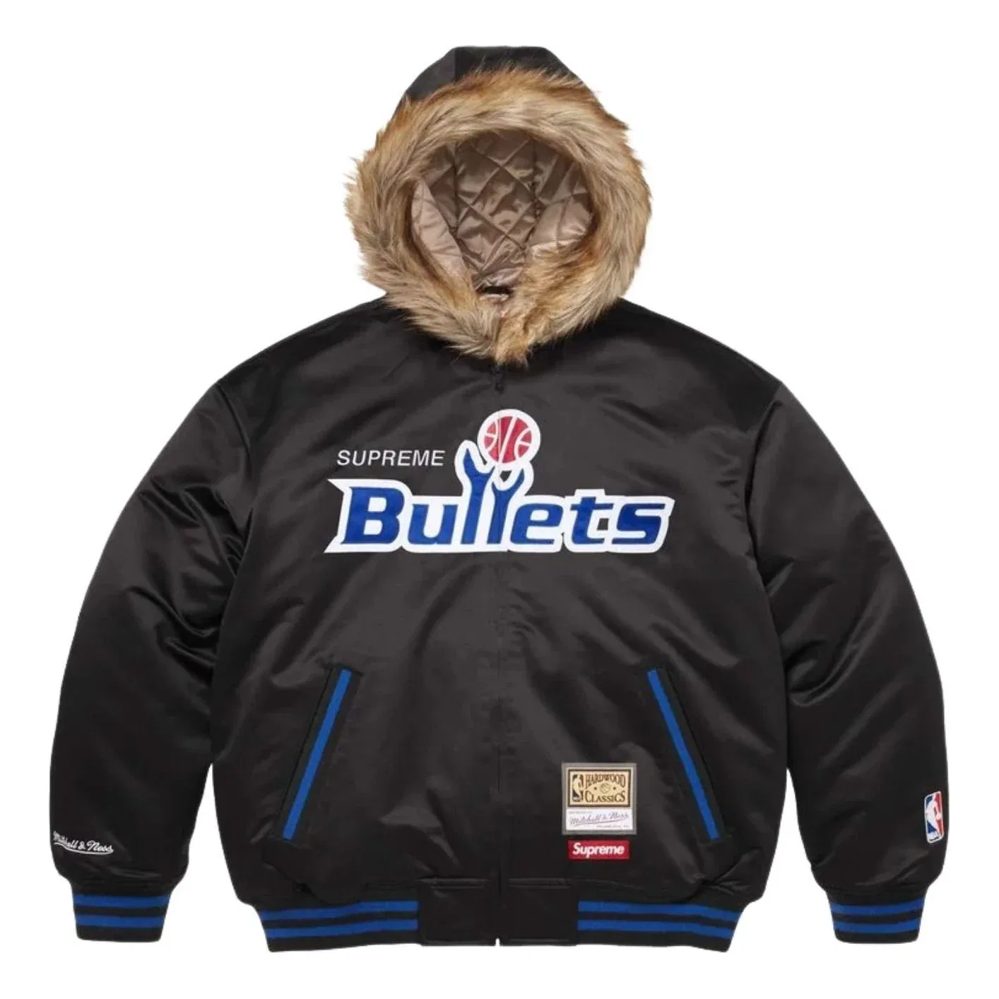 Куртка Supreme x Mitchell & Ness SS26 Teams Hooded Satin Varsity Jacket 'Black' SUP-SS26-285-BLK, черный