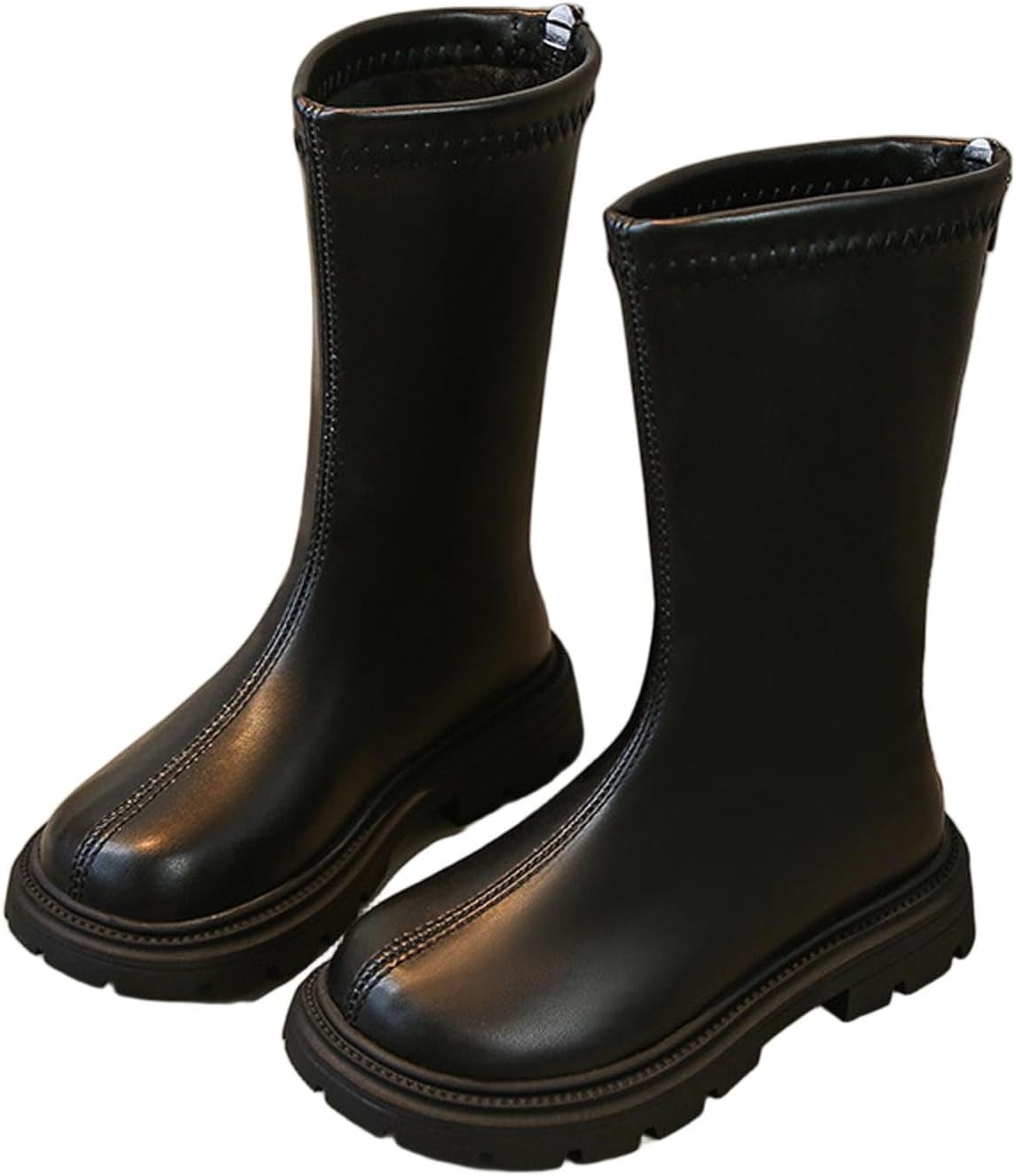 

Детские зимние сапоги для девочек, полусапожки до середины икры, с верхом из искусственной кожи, задняя молния, подошва с протектором, модная обувь для маленьких и больших детей Generic, Black