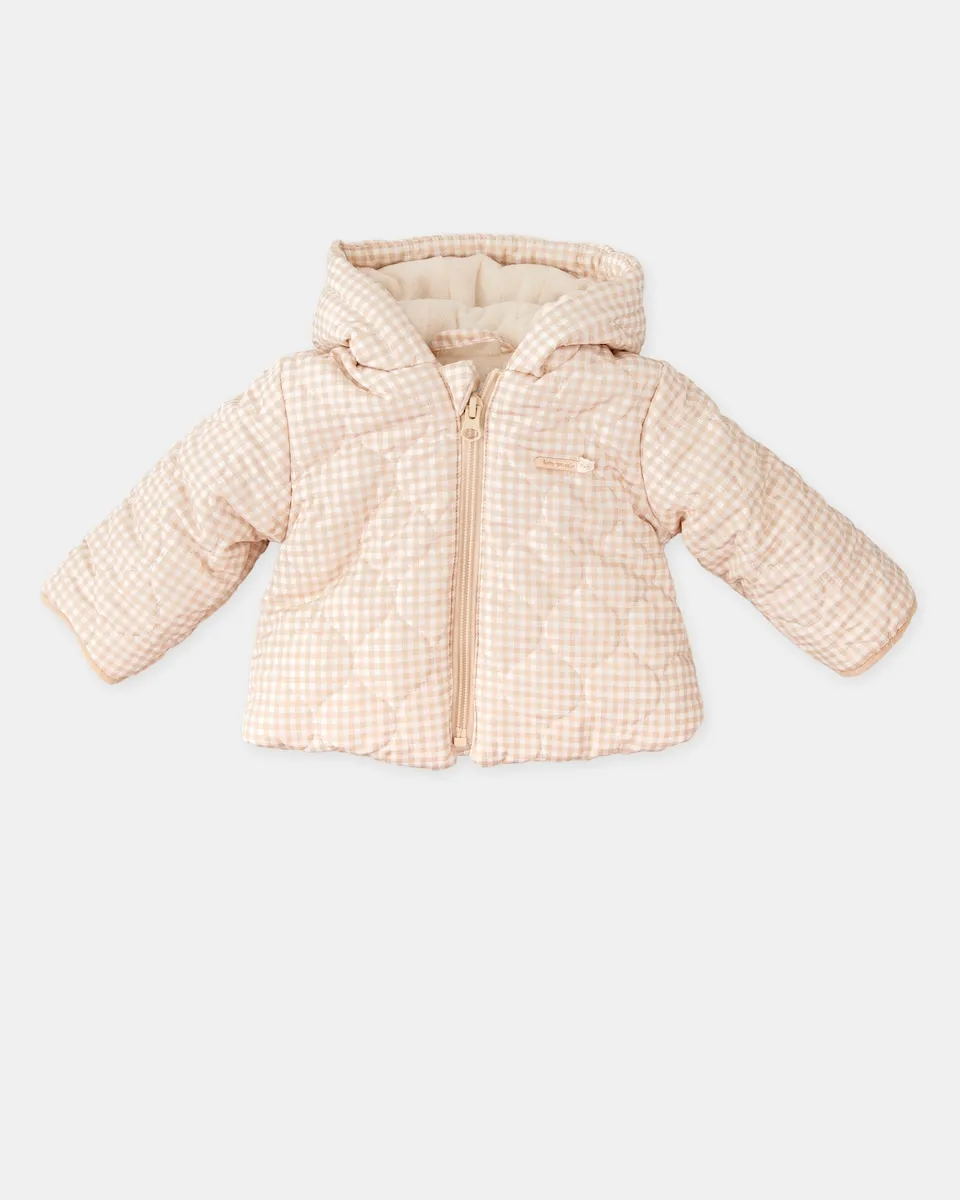 

Детский пуховик с капюшоном в клетку в цвете песок Tutto Piccolo