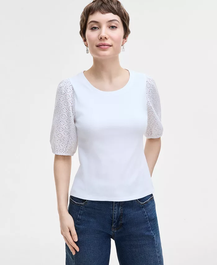 

Женский ребристый топ с ажурными рукавами On 34th, белый