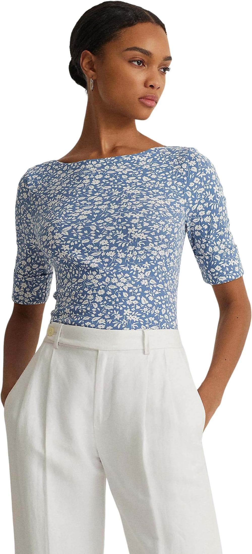 

Футболка Lauren Ralph Lauren Floral Stretch Cotton Boatneck Tee, цвет Blue/Cream