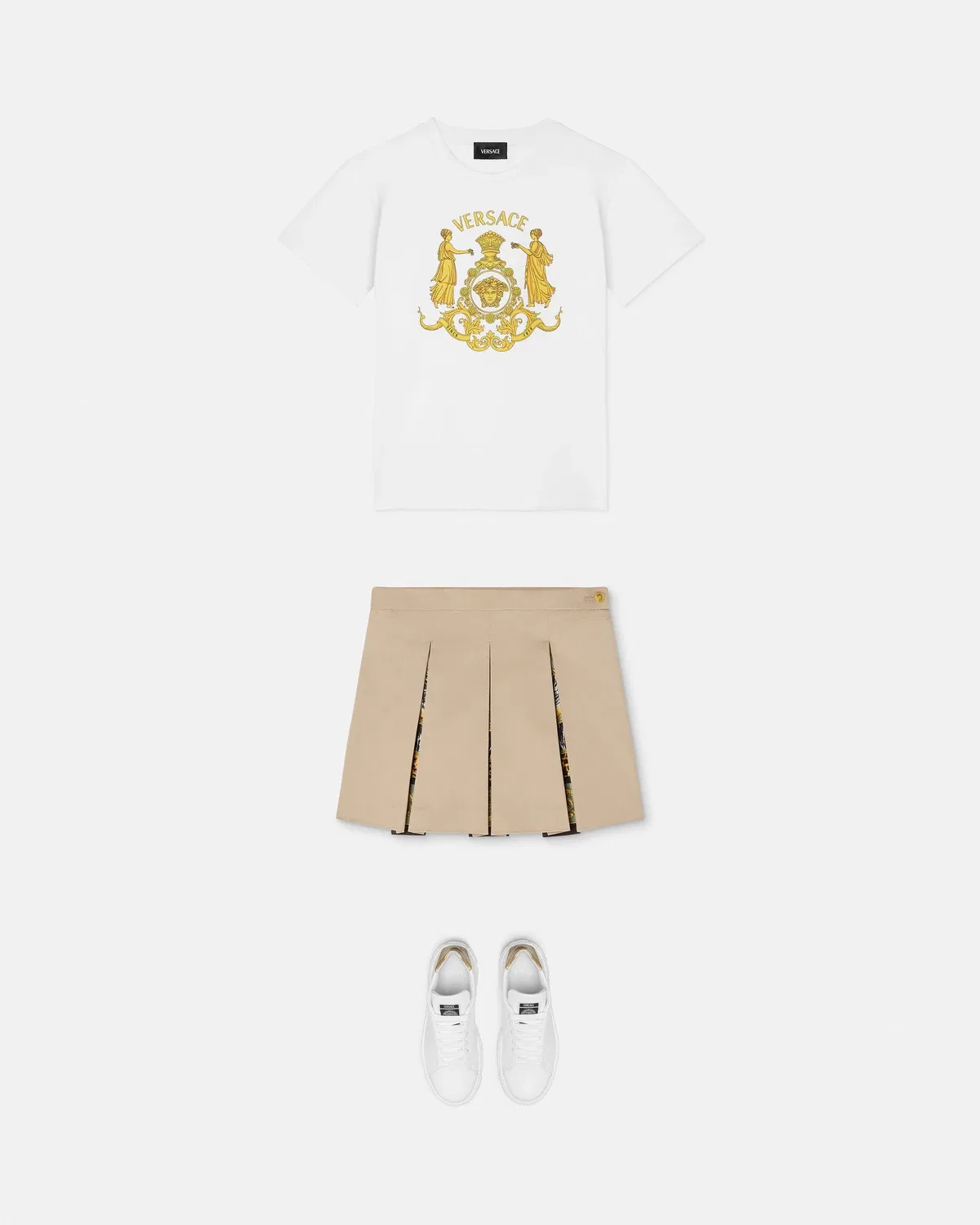 Плиссированная юбка из хлопкового габардина с принтом для детей VERSACE, бежевый — фото 2