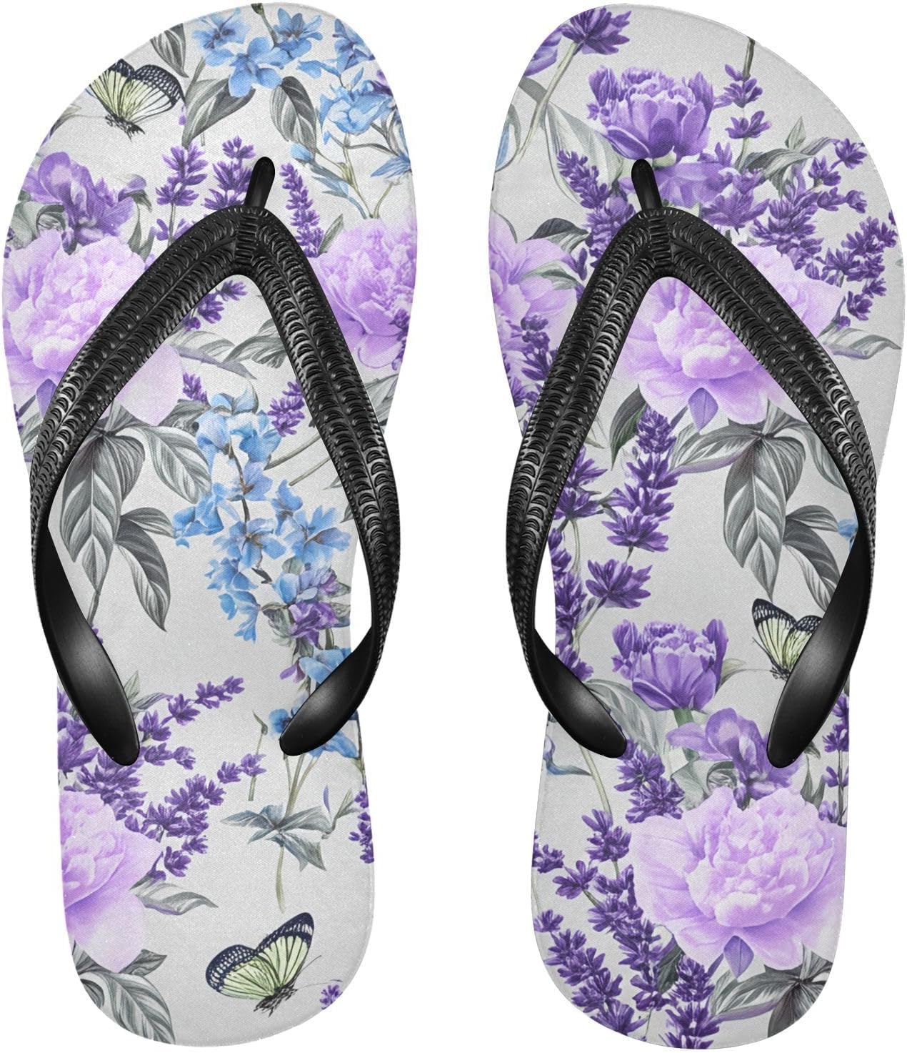 

Вьетнамки с цветочным рисунком пион и лаванда, серые, пляжные, резиновые, нескользящие, летние шлепанцы для женщин и мужчин для прогулок Sinestour