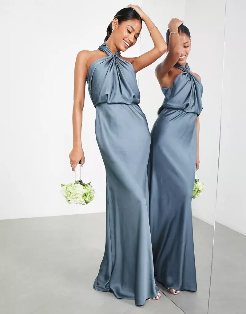 

Темно-синее атласное платье макси со сборками и воротником-бретелькой ASOS Bridesmaid, Серый, Темно-синее атласное платье макси со сборками и воротником-бретелькой ASOS Bridesmaid