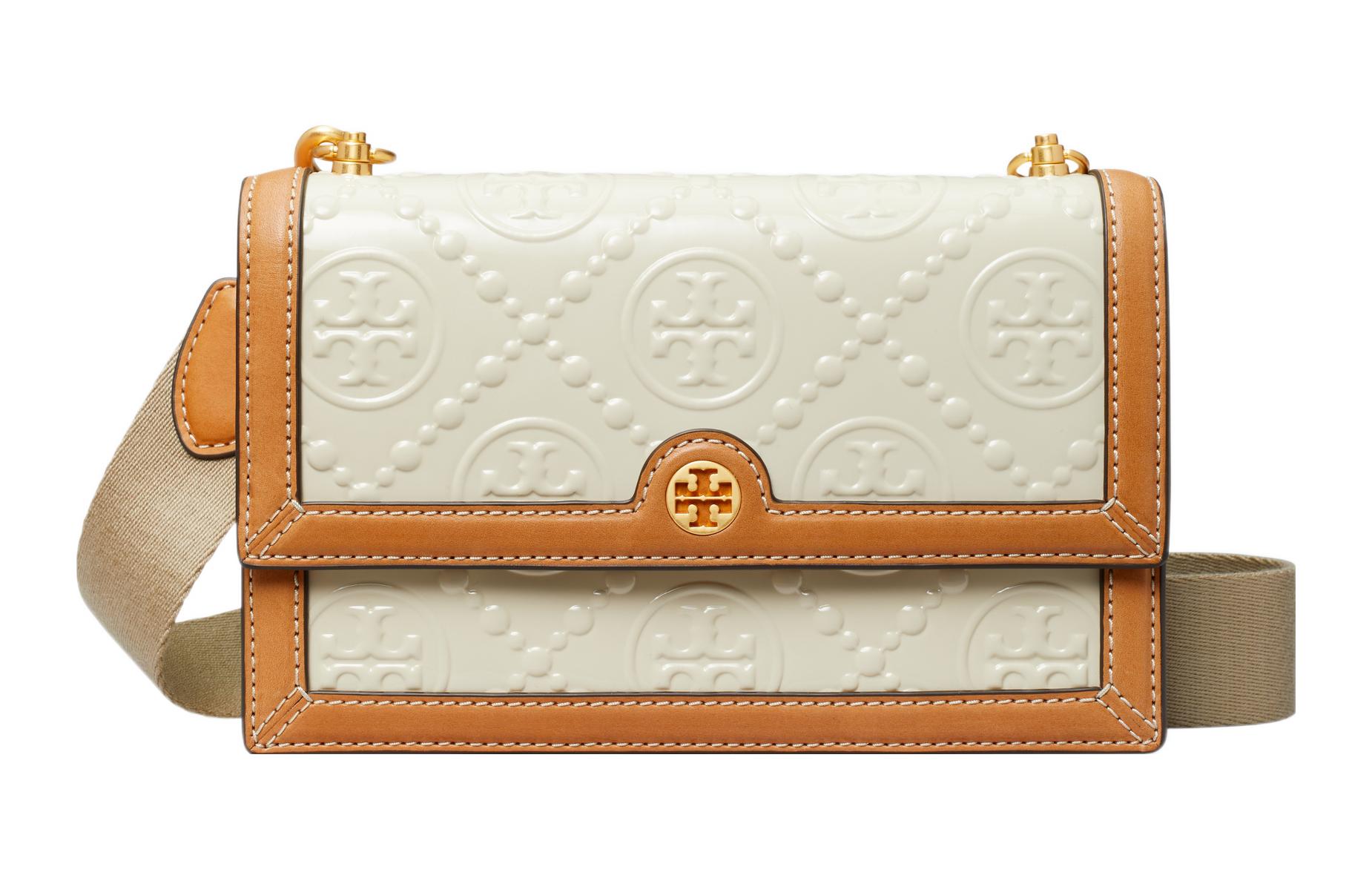 

TORY BURCH Сумка через плечо из лакированной кожи с монограммой T, женская, цвет "каменно-белый"