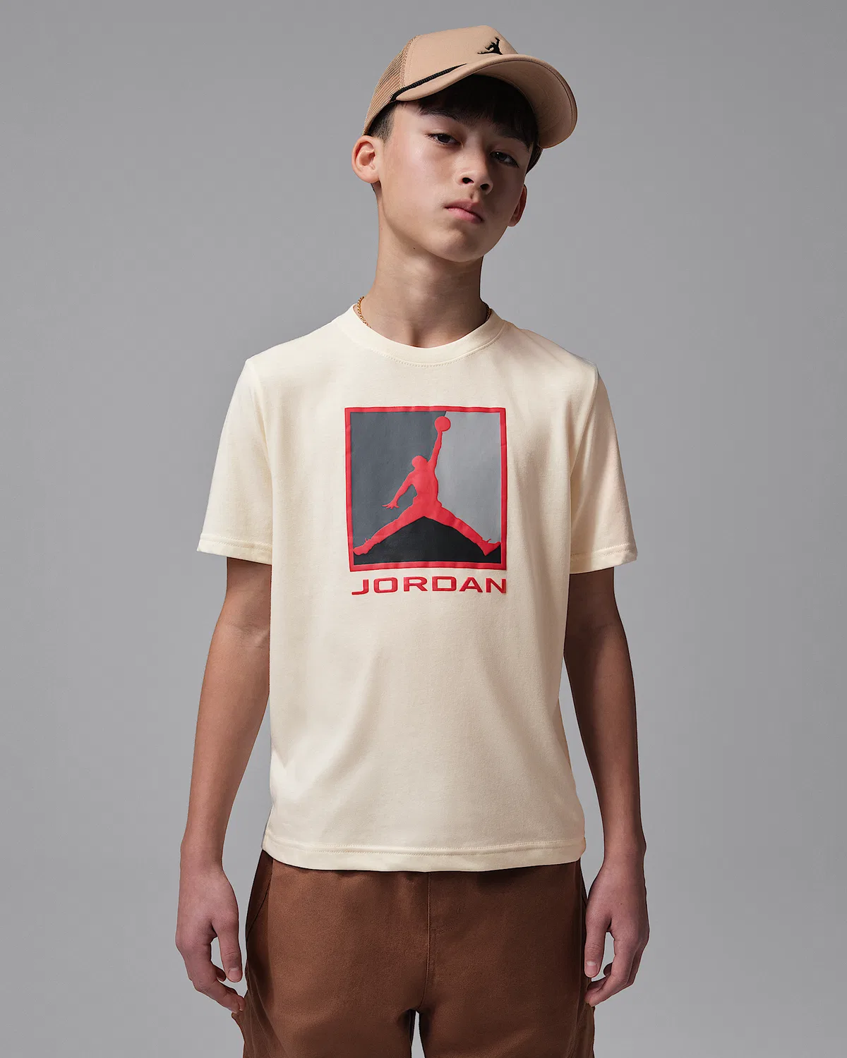 Детская футболка Big Kids' Boxed Logo 3.0 T-Shirt Jordan Flight Essentials, Cream/Grey/Black/Red