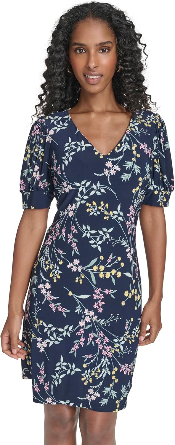 

Женское мини-платье Tommy Hilfiger с короткими рукавами-фонариками, V-образным вырезом и цветочным принтом, Sky Captain/Ballerina Pink