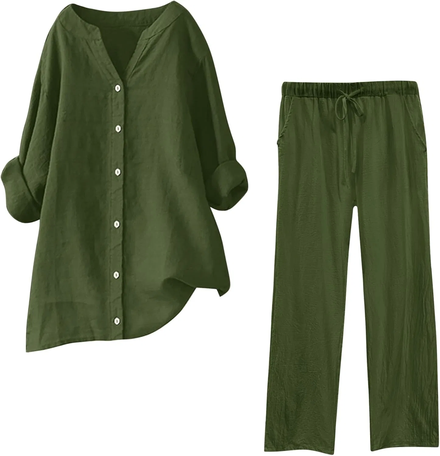 Женский костюм из льняной ткани, рубашка и брюки, Army Green